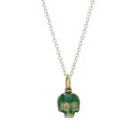 A silver and 18ct gold, green enamel and diamond memento mori skull pendant, with chain