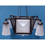 Muller Freres, an Art Deco moulded glass and wrought iron pendant light