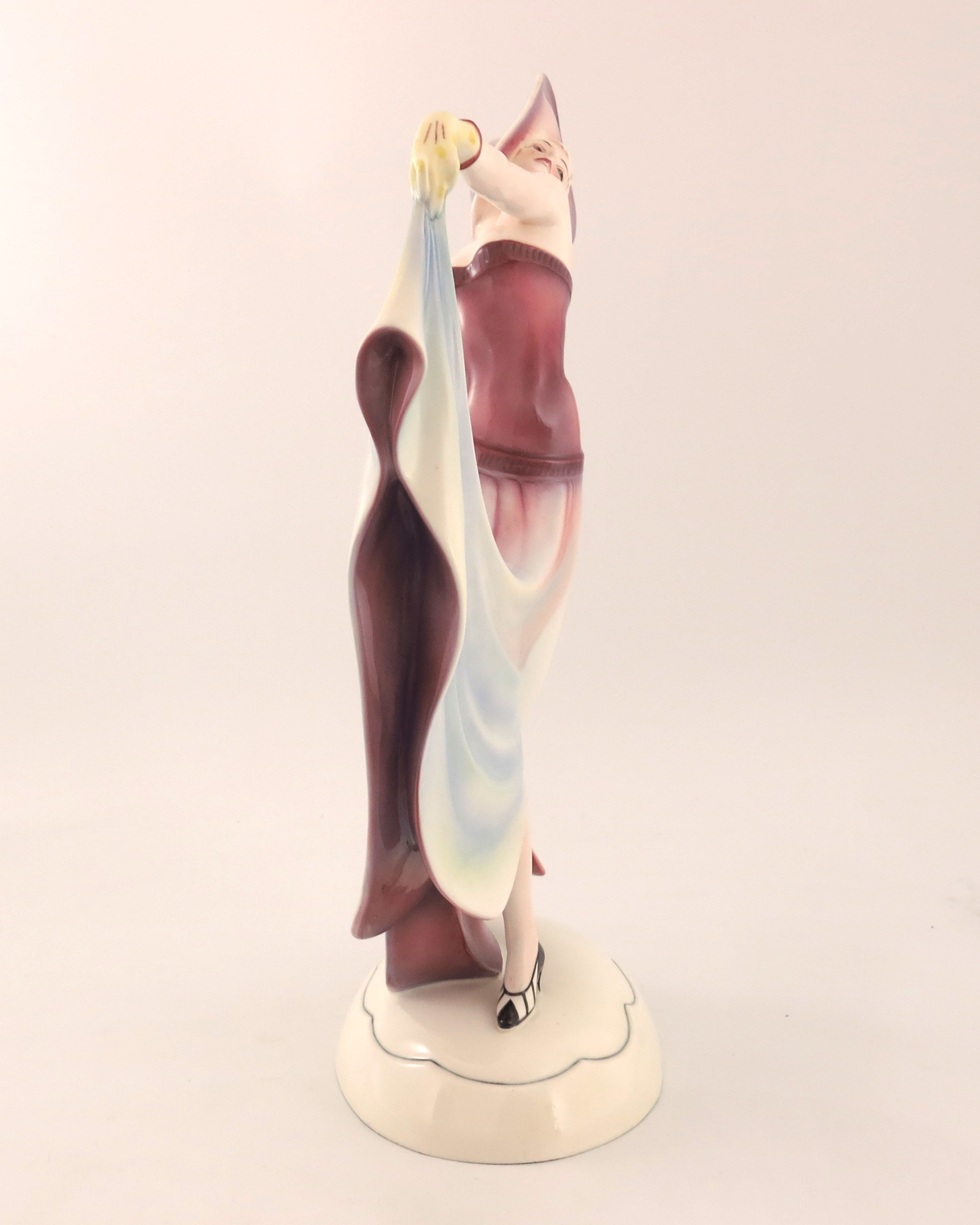 Stephan Dakon for Katzhutte Hertwig, an Art Deco figure of a woman in variegated pink dress and hat - Image 4 of 7