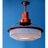 Holophane, an Art Deco glass, copper and brass pendant ceiling light