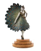 Luce, an Art Deco silvered and cold painted bronze figure, Peacock Dancer