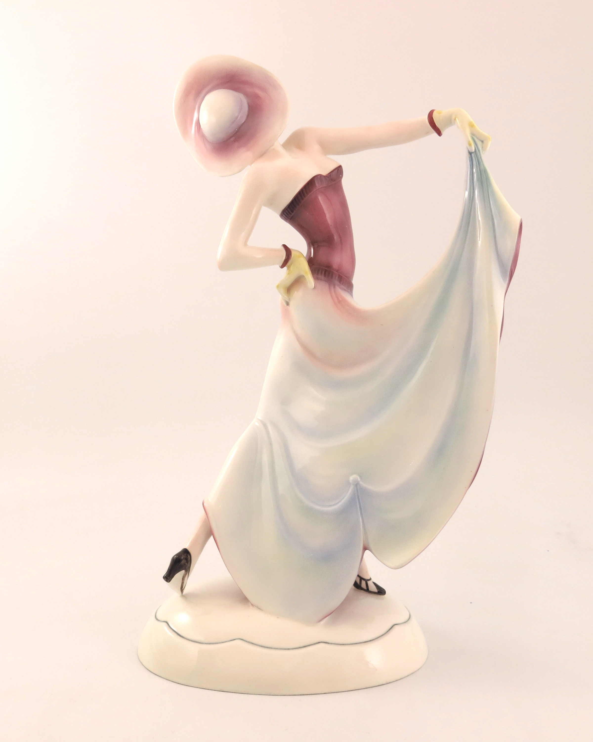 Stephan Dakon for Katzhutte Hertwig, an Art Deco figure of a woman in variegated pink dress and hat - Image 3 of 7