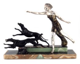 Ugo Cipriani, Le Lancer, an Art Deco patinated art metal figure group of Diana