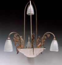A French Art Deco bronze and glass four branch pendant light