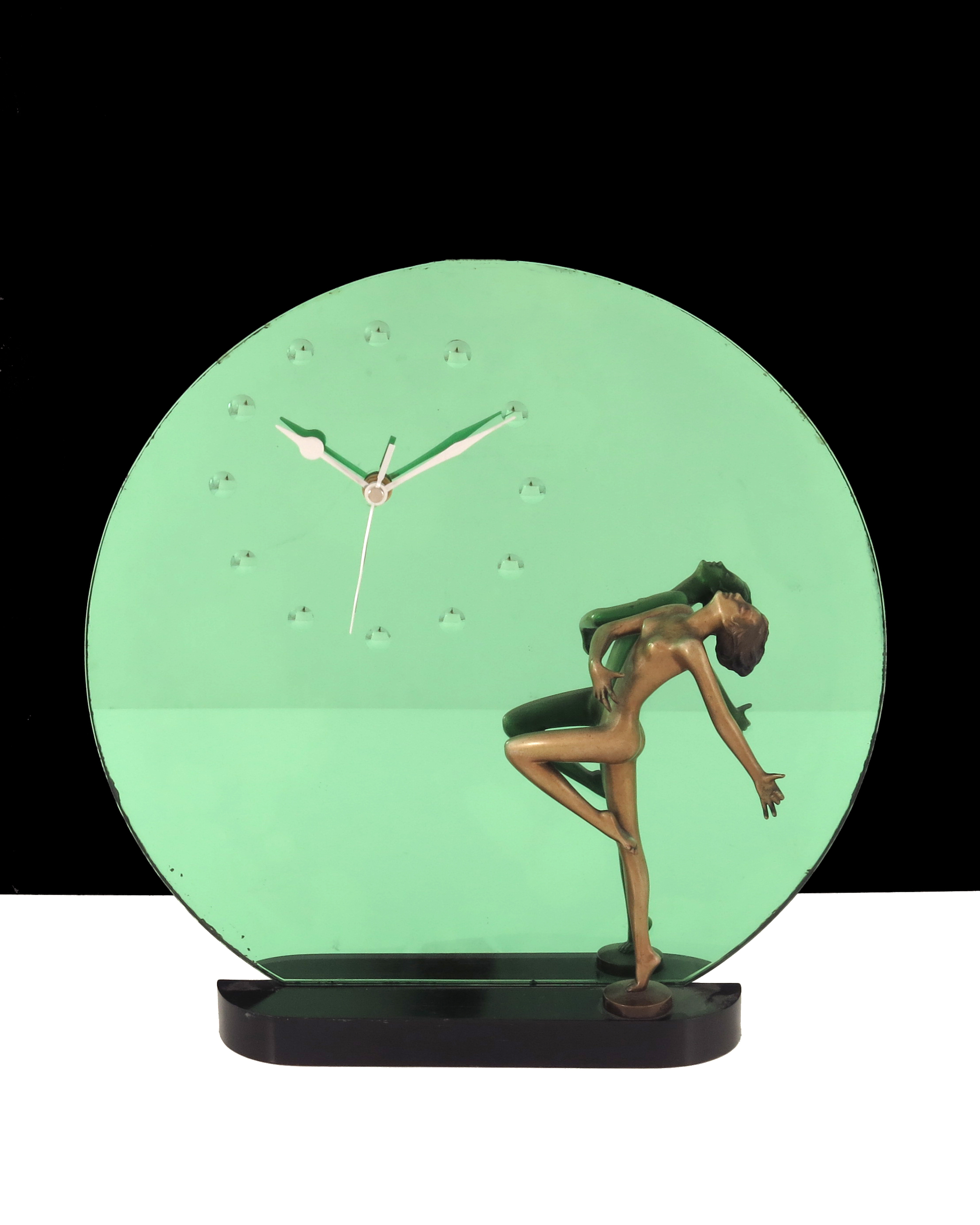 Josef Lorenzl, an Art Deco gilt patinated bronze and green mirored glass clock
