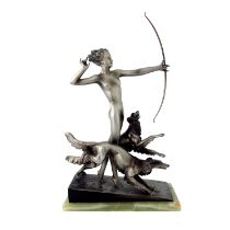 Josef Lorenzl, Diana with Hounds, an Art Deco silvered bronze figure group