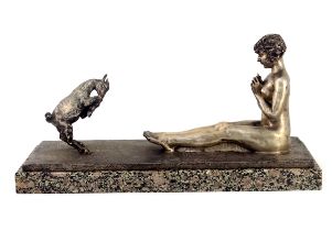 Jacques Villeneuve, Woman and Goat, an Art Deco silvered bronze figure group