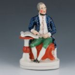 A Staffordshire figure of Captain Cook, circa 1845, modelled seated, his right arm leaning on a tabl
