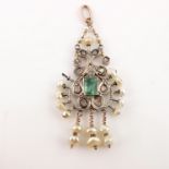 An Anglo Indian diamond, emerald and pearl pendant