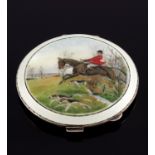 An Elizabeth II silver and enamelled compact of Hunting interest, Garrard and Co., Birmingham 1954