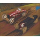 Roy Nockolds (British, 1911-1979), two vintage racing cars on a track, including a red Sunbeam