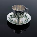 A Victorian silver and champleve enamelled cup and saucer, Thomas Smiley, London 1875, decorated