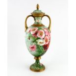 Len Rivers for Birks Rawlings and Co., a poppy painted twin handled pedestal vase and cover