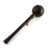 An antique hardwood tribal knobkerrie, plain ball head, tapered shaft, length 43cm