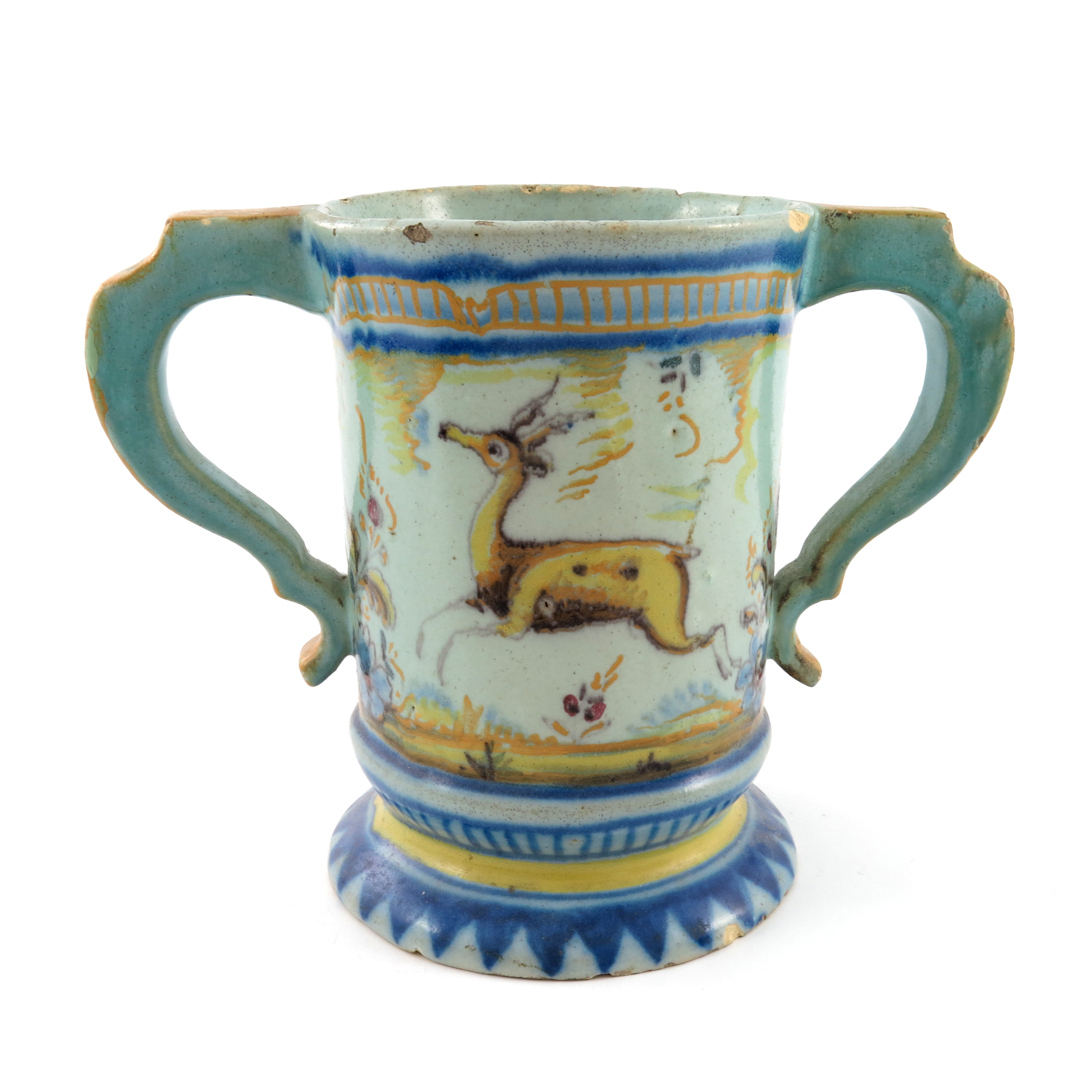 An Italian maiolica loving cup, late 18th/early 19th Century, of silver shape painted in typical - Image 3 of 6
