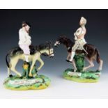 A pair of Staffordshire figures of 'Don Quixote' and 'Sancho Panza', circa 1850, modelled on horseba