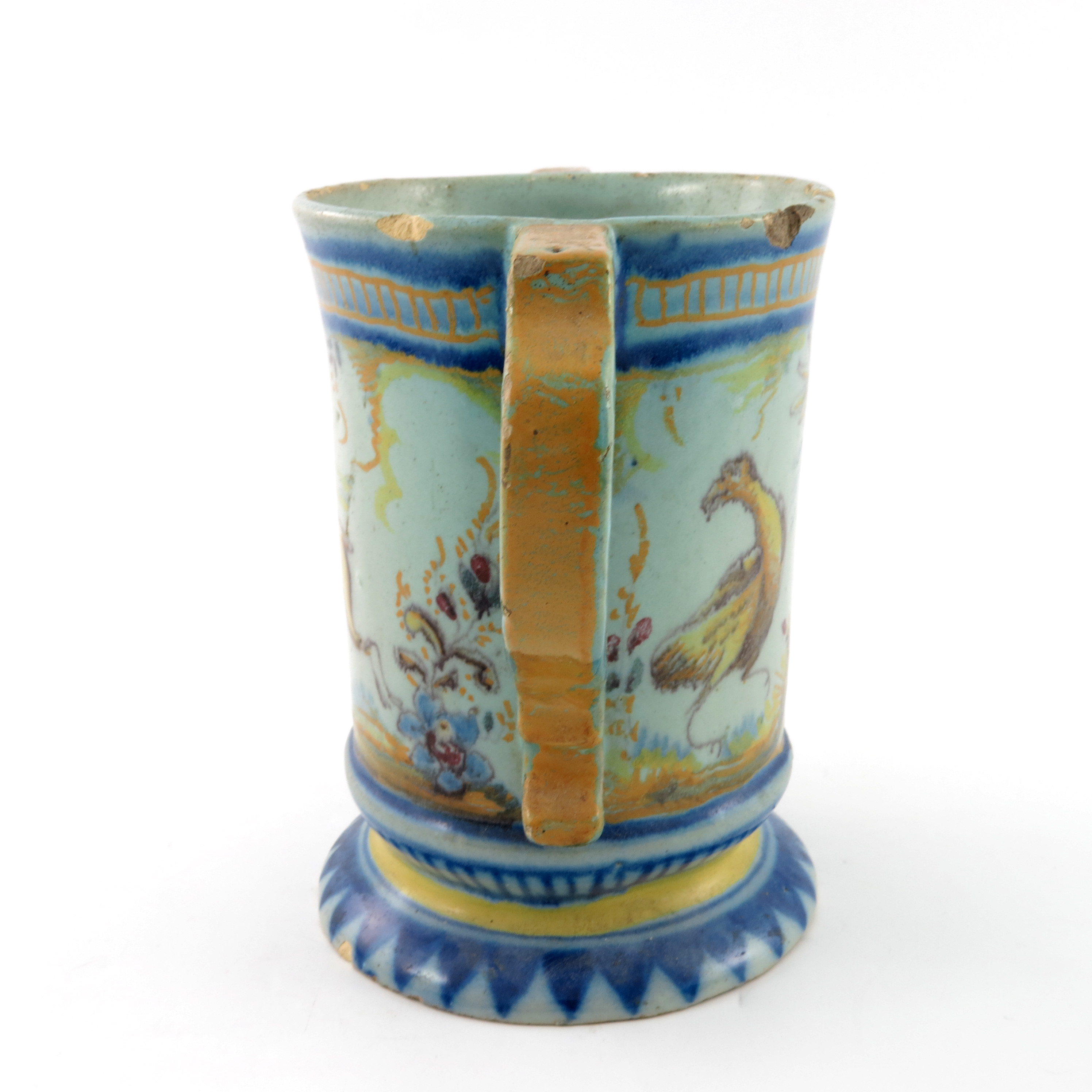 An Italian maiolica loving cup, late 18th/early 19th Century, of silver shape painted in typical - Image 4 of 6