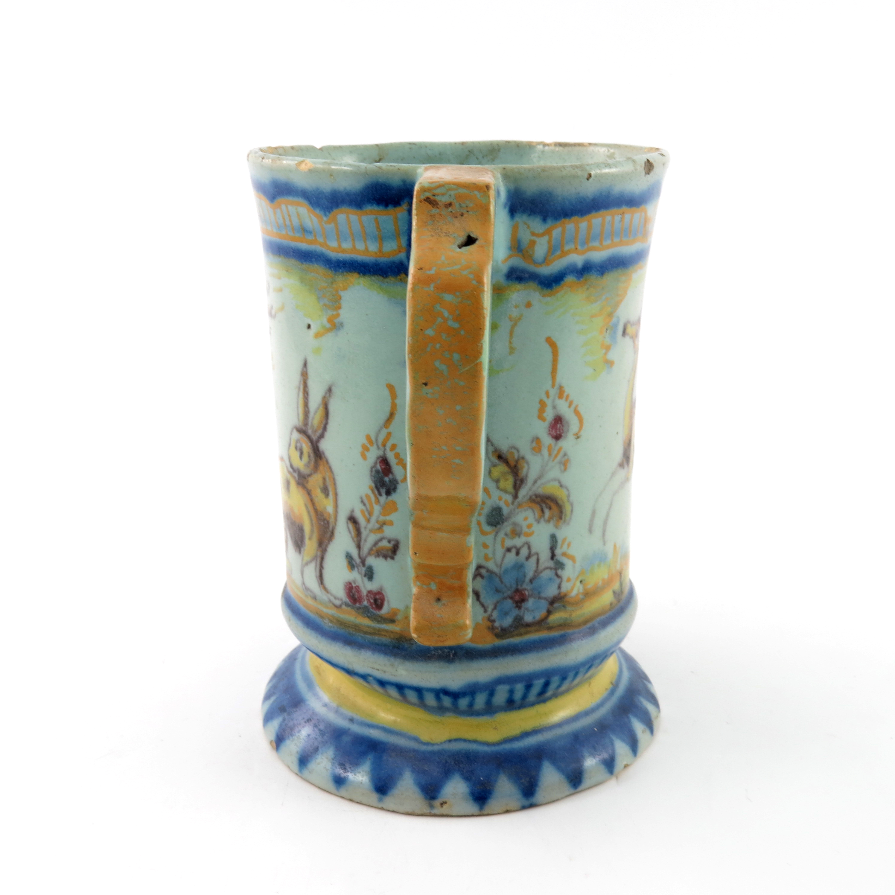 An Italian maiolica loving cup, late 18th/early 19th Century, of silver shape painted in typical - Image 2 of 6