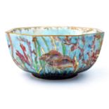Daisy Makeig Jones for Wedgwood, a fish and coral lustre bowl, footed octagonal form, gilt marks,