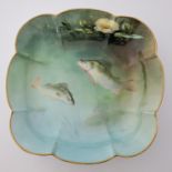 Harry Davis for Royal Worcester, a scalloped rim square dish, painted with freshwater fish,