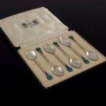 Liberty and Co., a set of six Arts and Crafts silver and enamelled coffee spoons, Birmingham 1936