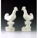 A pair of Chinese blanc de chine cockerels, 19th Century, modelled standing with one claw raised
