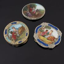 Two Continental silver gilt powder compacts, each with printed enamelled covers depicting courtly