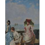 French School, circa 1880, fashionable ladies on a terrace, sailing boats beyond, oil on board, 40
