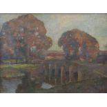 Frederick Hall (British, 1860-1948), Autumn - The Bridge, signed l.r., oil on board, 35 by 45cm,