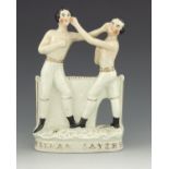 A Staffordshire figure of Heenan and Sayer, circa 1860, modelled bare-chested, wearing white shorts