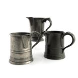 Three 19th Century pewter 1 pint spouted measures, each engraved with pub/landlord names (3)