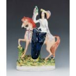 A Staffordshire equestrian figure titled 'Falkoness', 19th Century, modelled as a woman on horseback