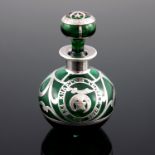 Masonic Interest, an early 20th Century green glass scent bottle, silver overlaid decoration of