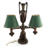 A 19th Century Miller & Sons bronze library or study table lamp, twin handled urn finial, double