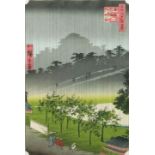 After Utagawa Hiroshige (Japanese, 1797-1858), Akasaka in Rain, from 100 Views of Edo, titled in
