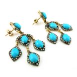 A pair of 14ct yellow gold turquoise and diamond set earrings