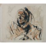 Feliks Topolski R.A. (Polish, 1907-1989), study of an old woman, signed with initials l.l., pen
