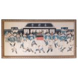 An unusual large panoramic watercolour of Kung Fu or Sholing Wushu practitioners overlooked by