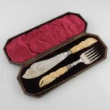 A pair of Victorian novelty electroplated and carved ivory fish servers, William Yates, Sheffield 19