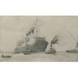 Samuel John Milton Brown (British, 1873-1965), Queen Mary at Southampton, pencil, 17 by 27cm, framed