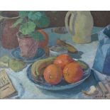 William Ratcliffe (British, 1870-1955), 'Still Life' - a dish of fruit, jug and pot plant on a