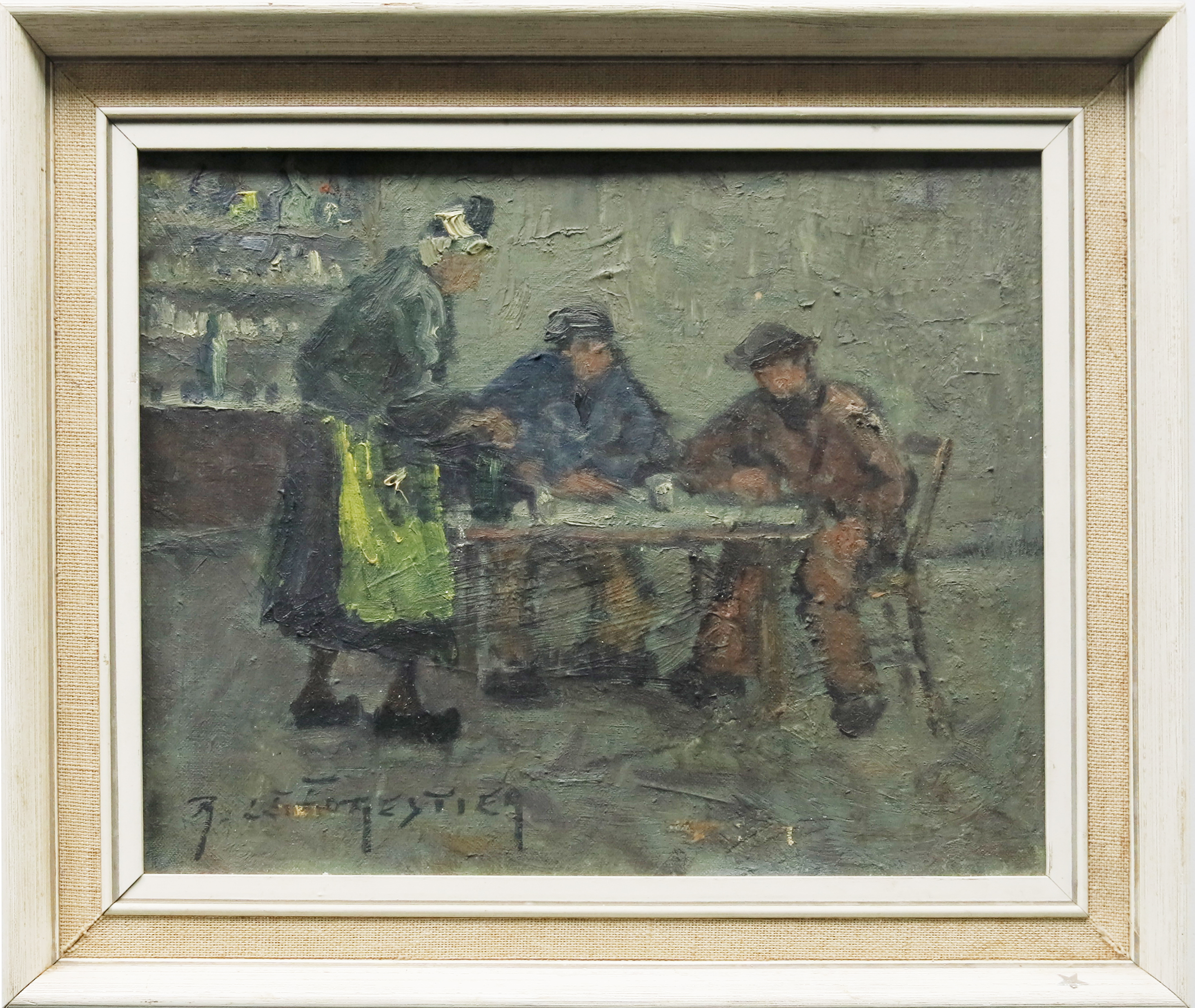 Rene Le Forestier (French, 1903-1972), figures at a table, signed l.l., oil on canvas, 19.5 by 24. - Image 2 of 4