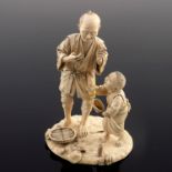 λ A Japanese ivory okimono, Meiji period, 1868-1912, standing man with an infant holding a net, 16cm