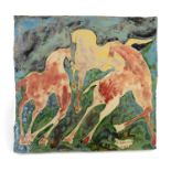 Paolo Staccioli (Italian, 1943), a ceramic tile with three stylized horses, iridescent lustre glaze,