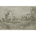 Anton Lock (British, 1893-1970), horses in a field and horses in a clearing, two etchings, signed in