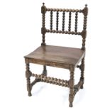 A Charles II fruitwood bobbin turned joined side chair, circa 1680 and later, upright finials, plank
