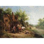 Attributed to James Edwin Meadows, a village fair with figures outside a cottage in the