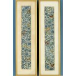 A pair of Chinese silk embroidered sleeves, insects amongst foliage design in blue, green and