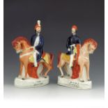 A pair of Staffordshire figures titled 'The Sultan' and 'Omer Pacha', circa 1860, modelled on horseb