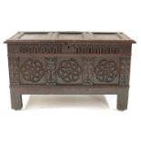 A late 17th Century oak chest, circa 1680, triple panel top, blacksmith hinges, candle box, chip